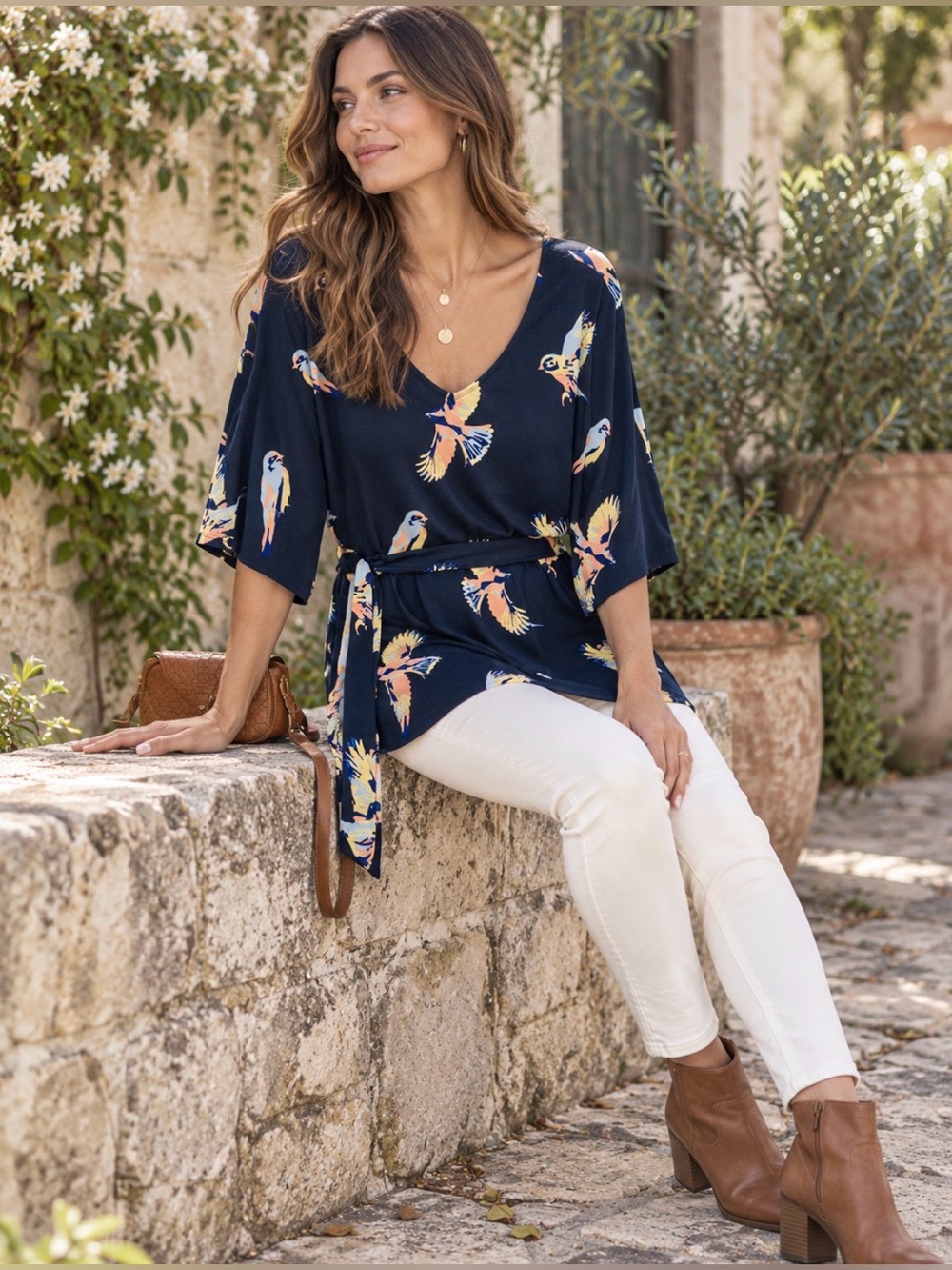 Deletta by Anthropologie Navy Bird Print Belted Tunic Top Kimono Sleeve Boho